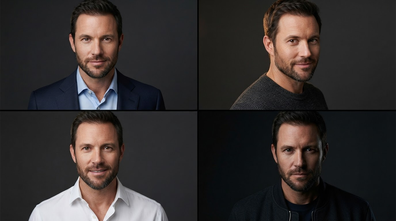 Four studio portrait variations of the same person with different lighting and wardrobe