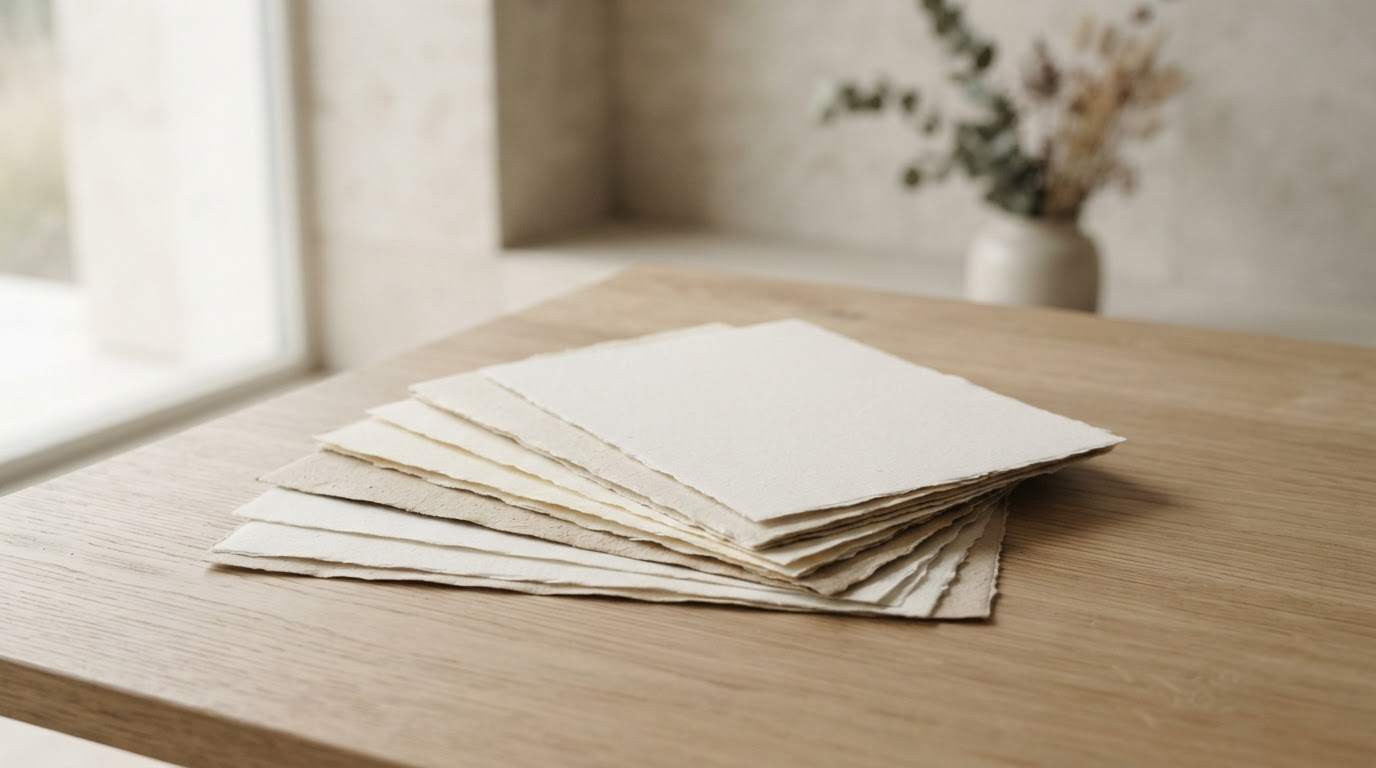 Stack of printed flyers fanned across a wooden table