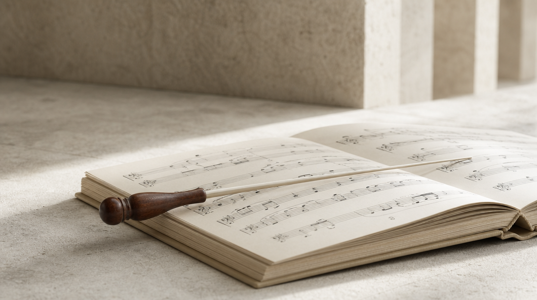 Conductor's baton resting on an open music score