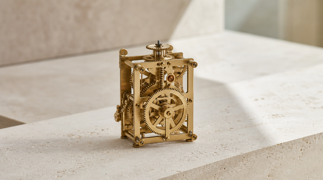 Brass clockwork mechanism on a stone surface