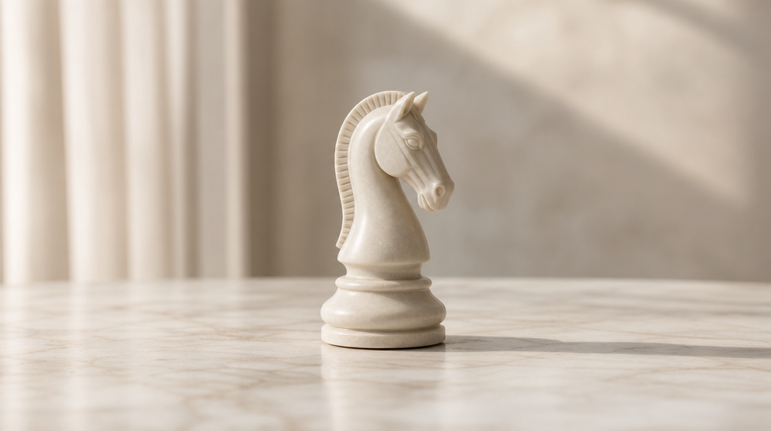 Single chess knight on a marble table
