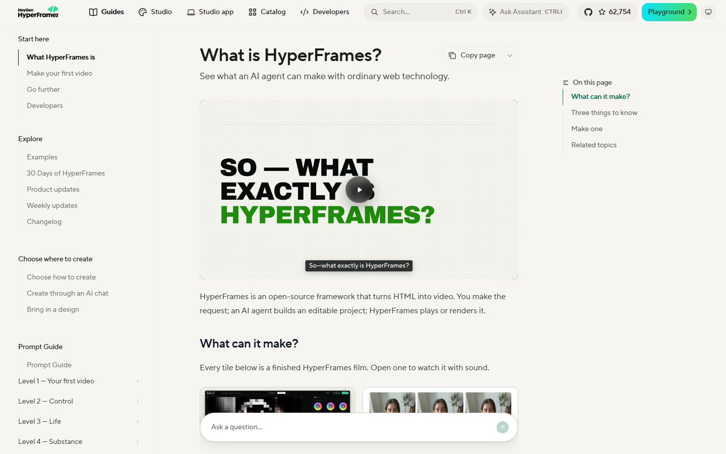 HyperFrames documentation home on 14 October 2026, with 62,754 GitHub stars in the header