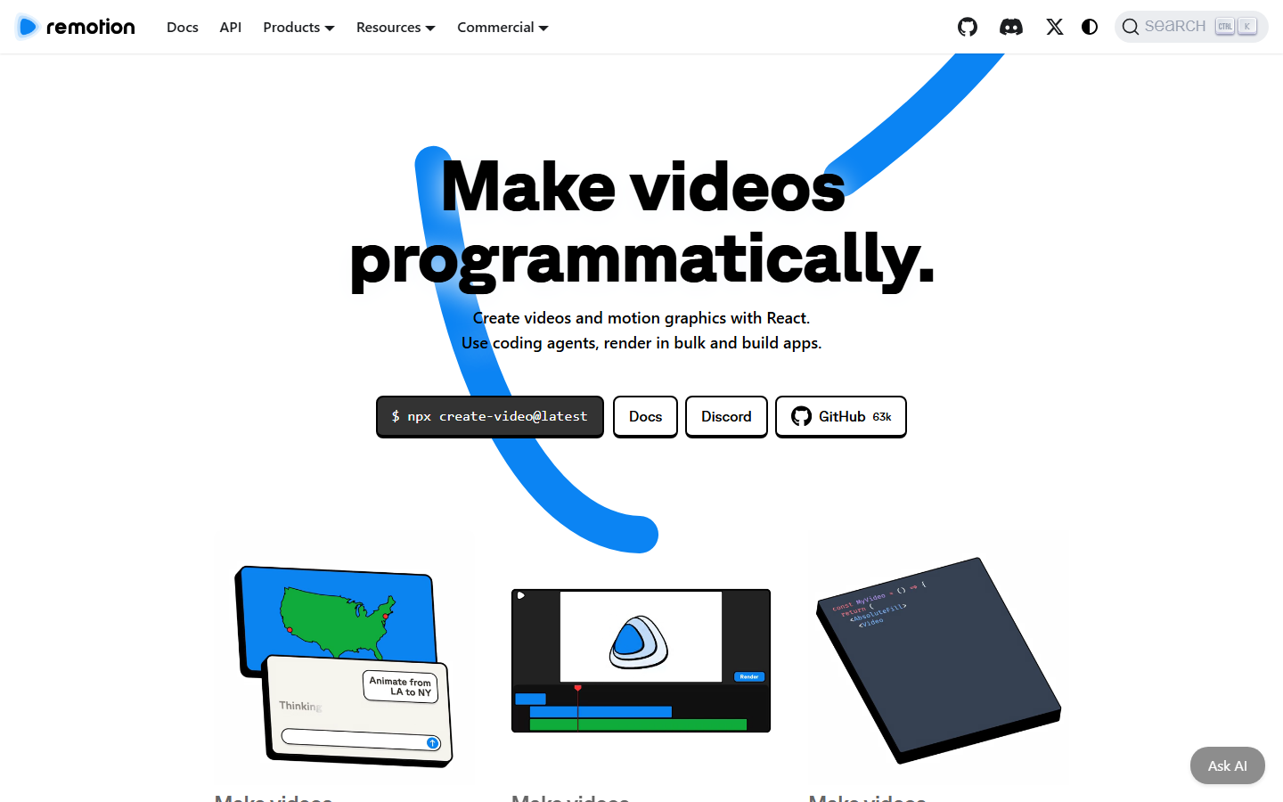 Remotion homepage on 14 October 2026, Make videos programmatically, with 63k GitHub stars