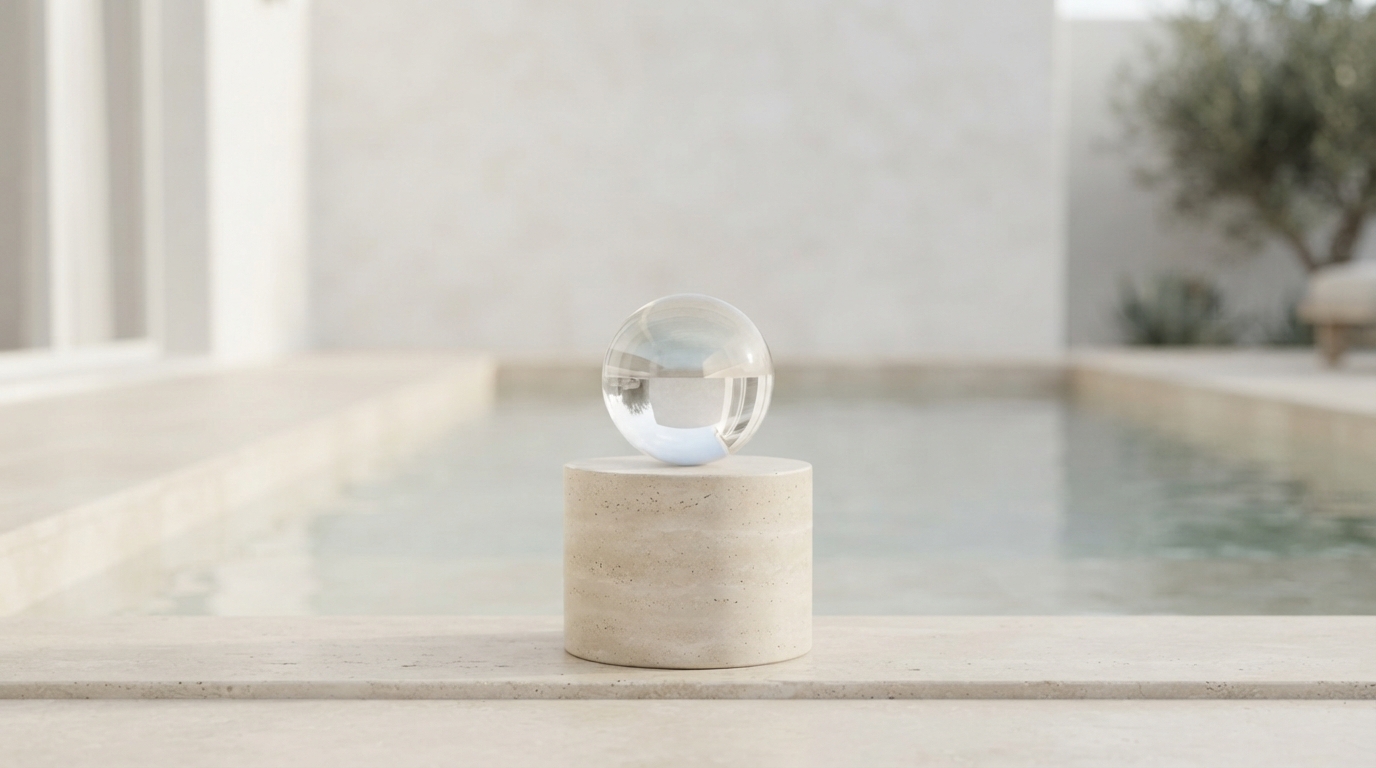 A glass sphere on a stone plinth beside a pool, standing in for the price of one generated image