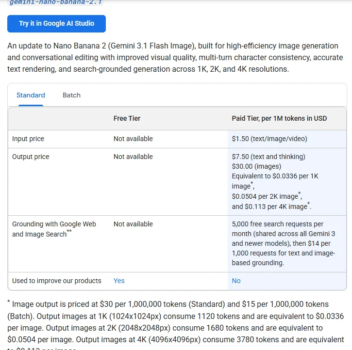 The Nano Banana 2.1 price table in the Gemini API docs on 25 October 2026