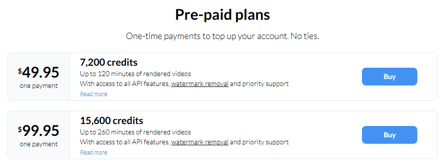 JSON2Video prepaid packs of 7,200 and 15,600 credits on the pricing page