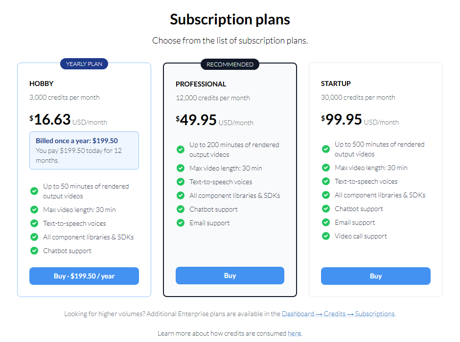 JSON2Video pricing page showing the Hobby, Professional and Startup subscription plans