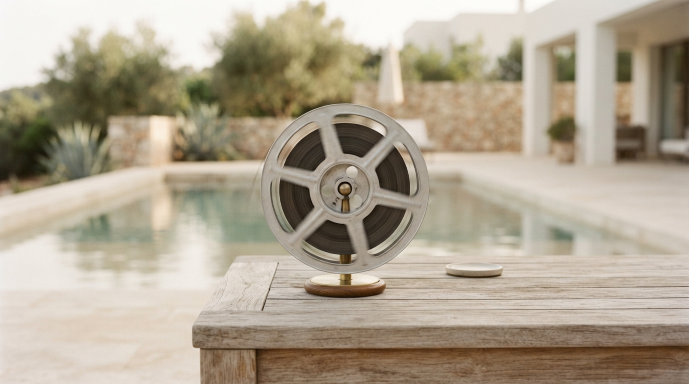 Film reel on a wooden table beside a pool, representing video billed by the second of output