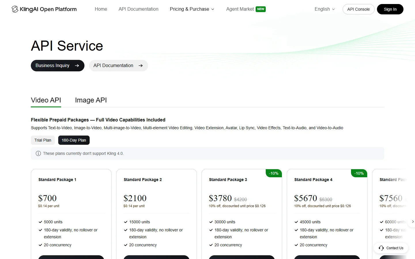 Kling's API packages on 19 October 2026, with the note that they do not support Kling 4.0 yet