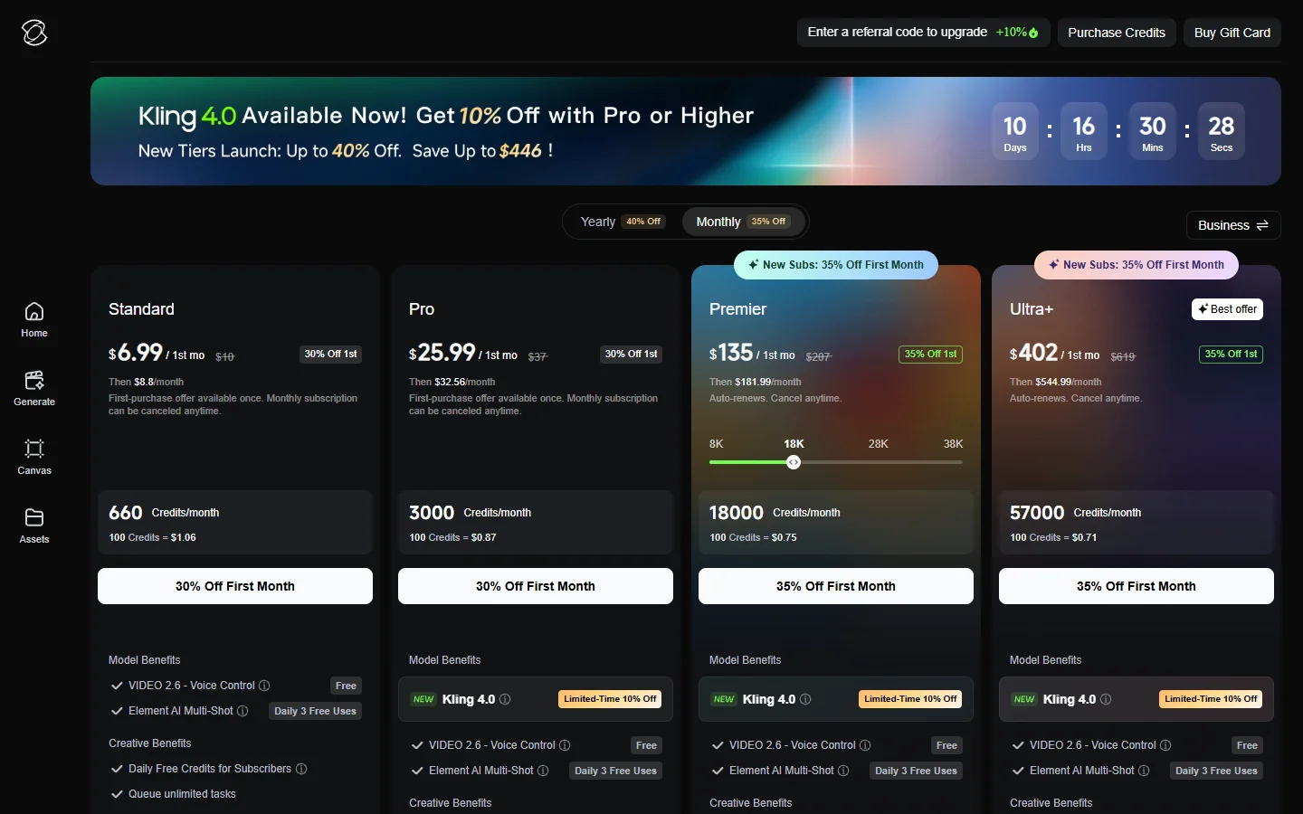 Kling's plans page on 19 October 2026, with the Kling 4.0 offer for Pro and higher