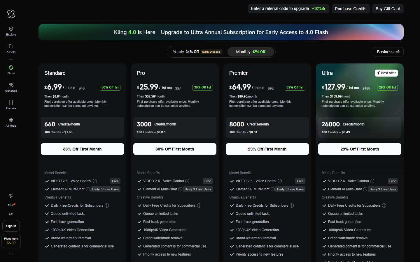 Kling AI membership page showing Standard, Pro, Premier and Ultra plans with first-month prices and monthly credits