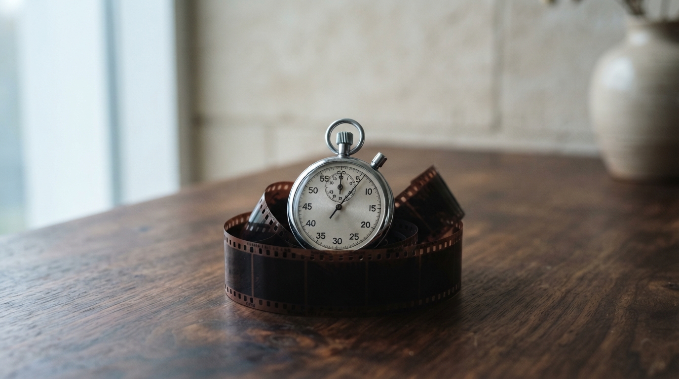 Stopwatch resting on a strip of film, representing per-second credit billing