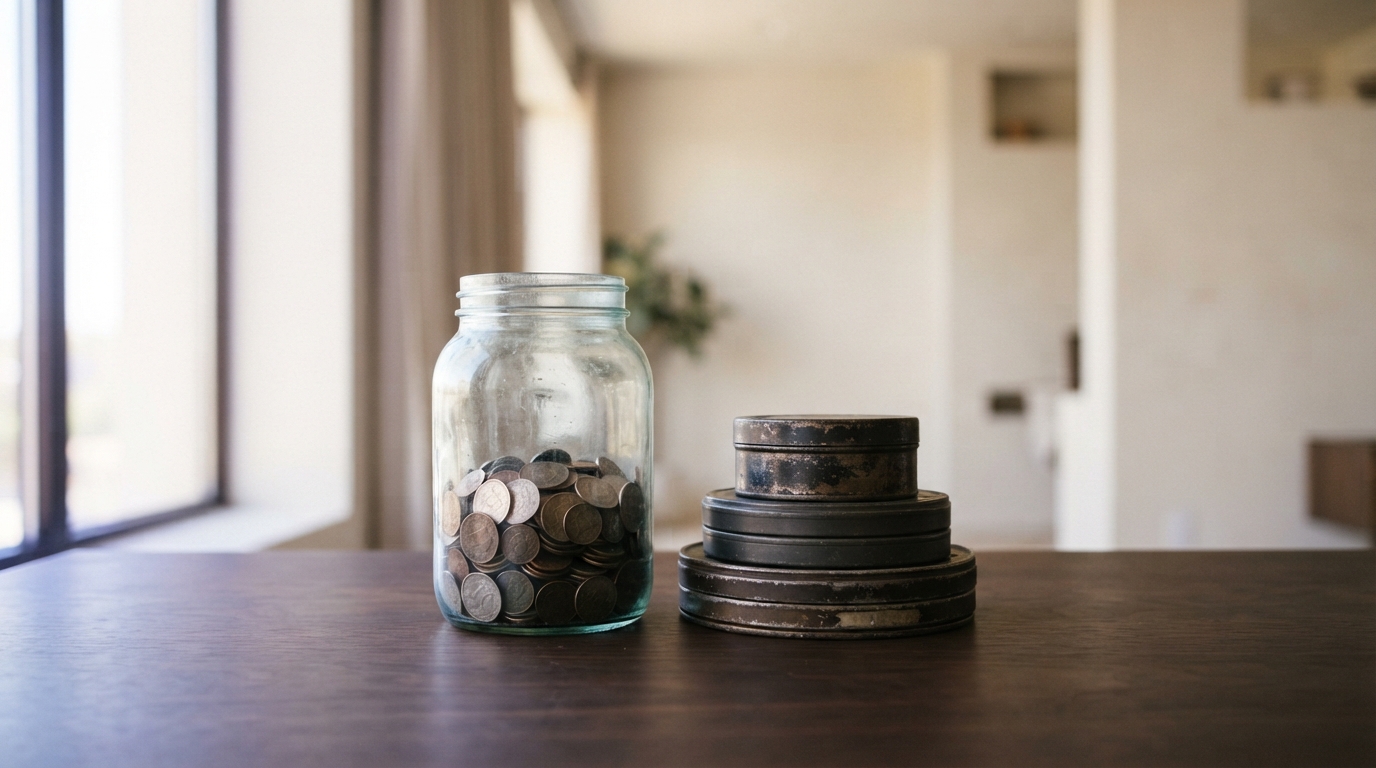 Jar of coins beside a stack of film cans, representing a monthly video generation budget
