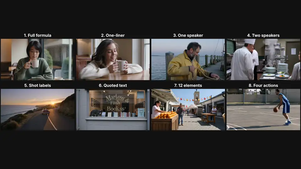 All eight Kling 3.0 Pro clips from this test in one grid: full prompt, four-word prompt, one speaker, two speakers, shot labels, window text, twelve-item market and four actions