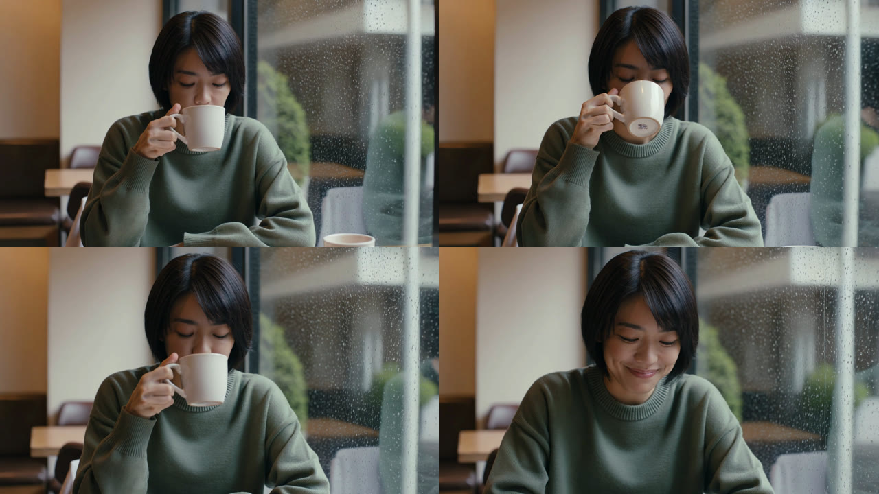 Prompt 1 frames at 0.5, 1.8, 3.1 and 4.5 seconds: a woman in a green sweater sips from a white mug by a rainy cafe window, then lowers it and smiles as the camera pushes in