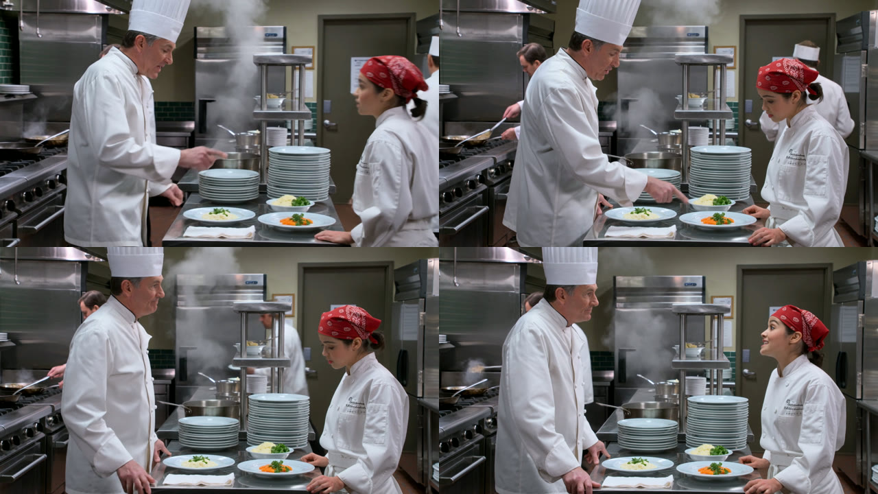Prompt 4 frames: a head chef points at a plate and speaks, then a line cook in a red bandana answers