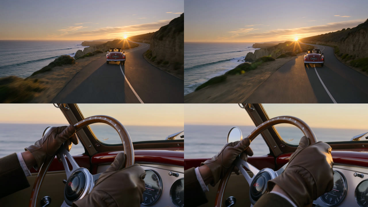 Prompt 5 frames: a wide shot of a red convertible on a cliff road at sunset, then a close-up of gloved hands on a wooden steering wheel