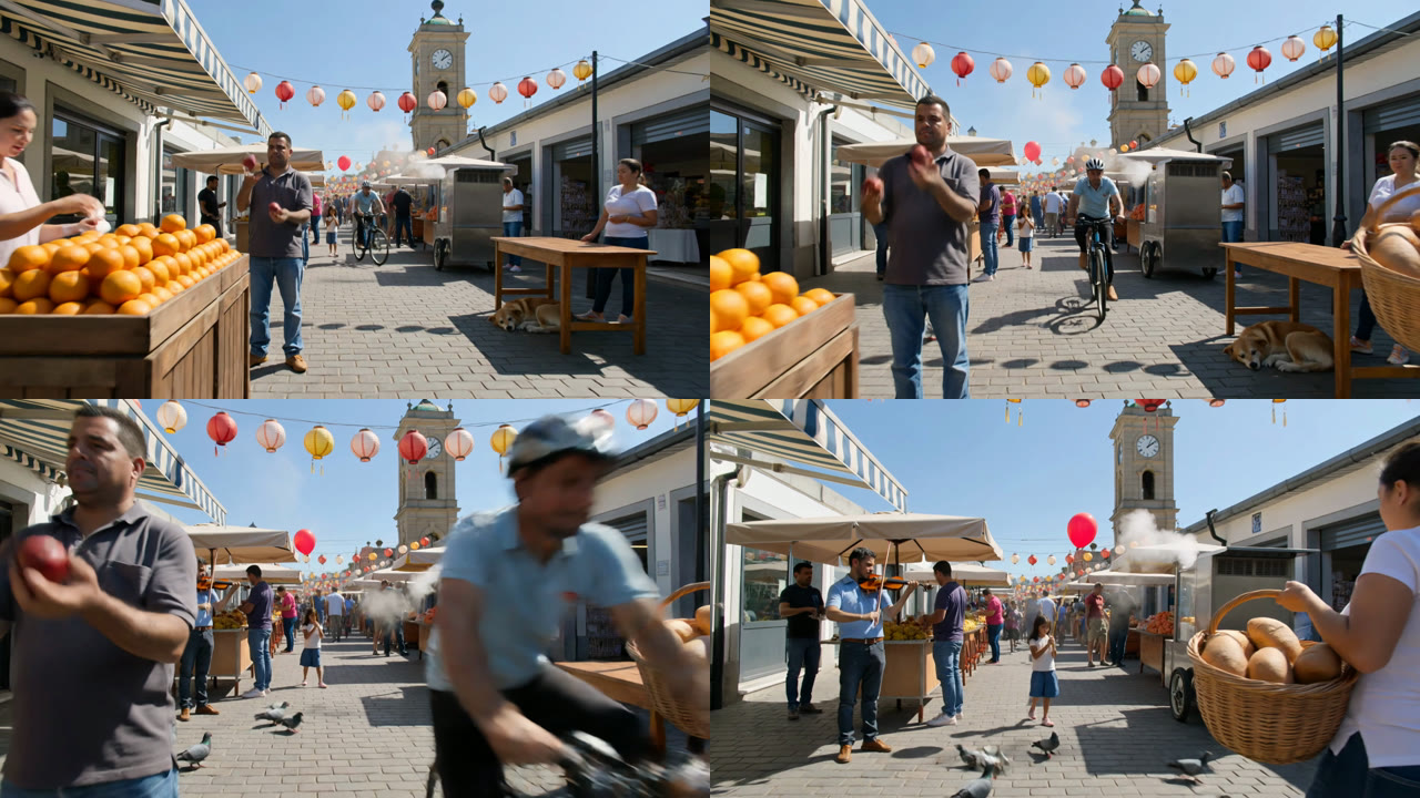 Prompt 7 frames: a sunny street market with an orange stall, a juggler, a sleeping dog, a cyclist, lanterns, pigeons, a violinist and a woman with a bread basket