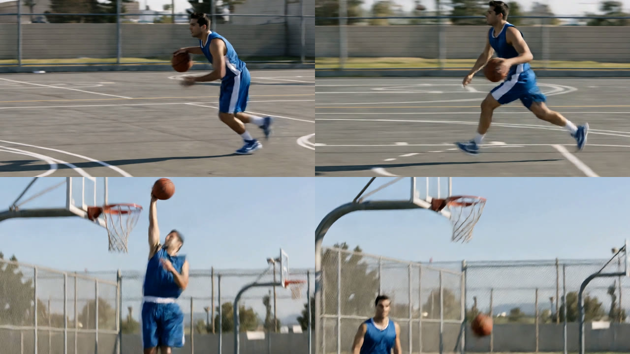 Prompt 8 frames: a player in a blue jersey dribbles across an outdoor court, dunks, then lands facing the camera