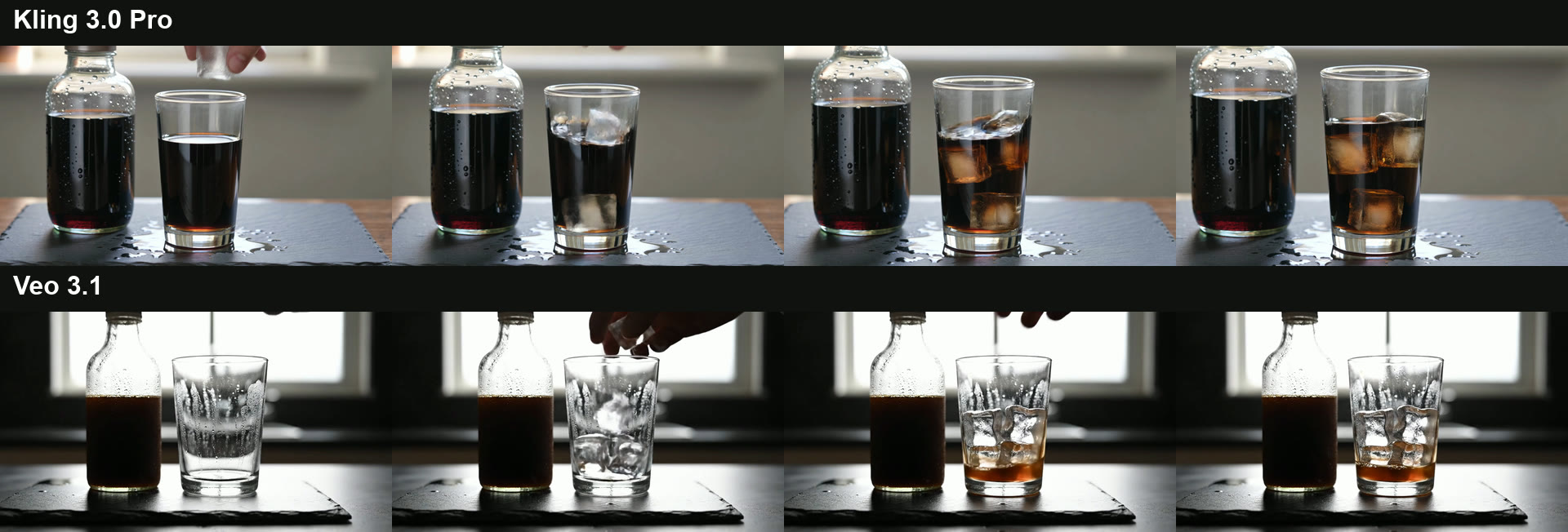 Product prompt frames at 0.4, 1.4, 2.4 and 3.6 seconds. Top row Kling 3.0 Pro, bottom row Veo 3.1