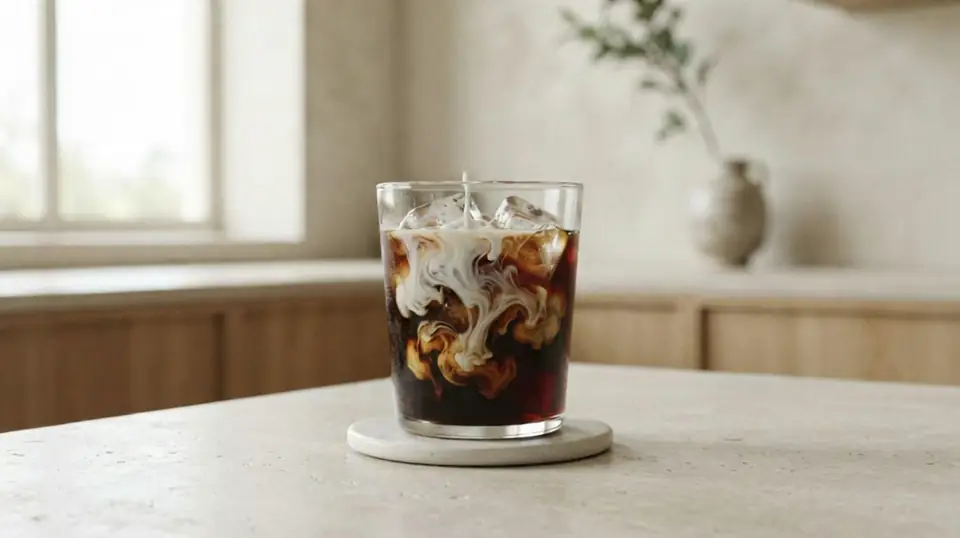 The 5-second Kling 4.0 clip from our run: milk swirls through a glass of iced coffee as the camera pushes in