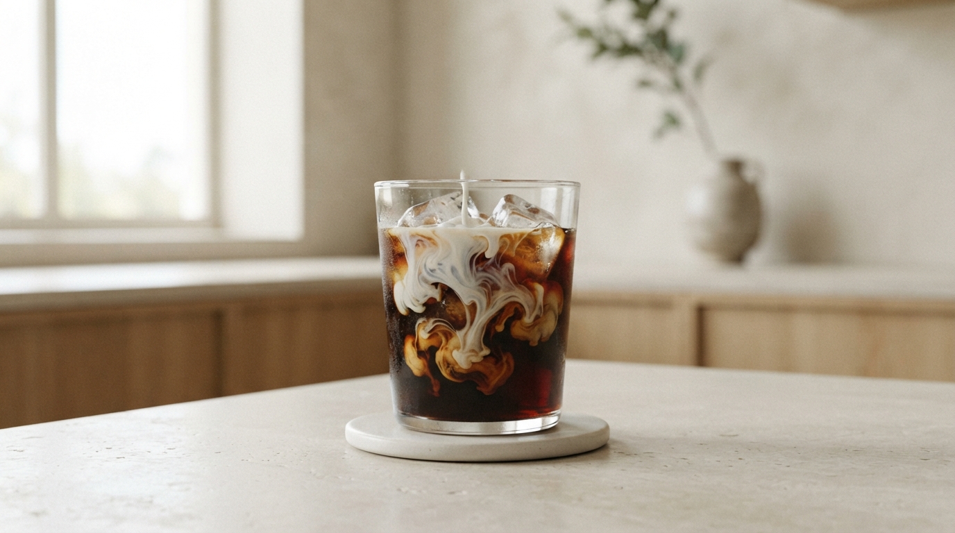 The start frame we gave Kling 4.0: a glass of iced coffee with milk swirling in, on a pale stone counter by a window