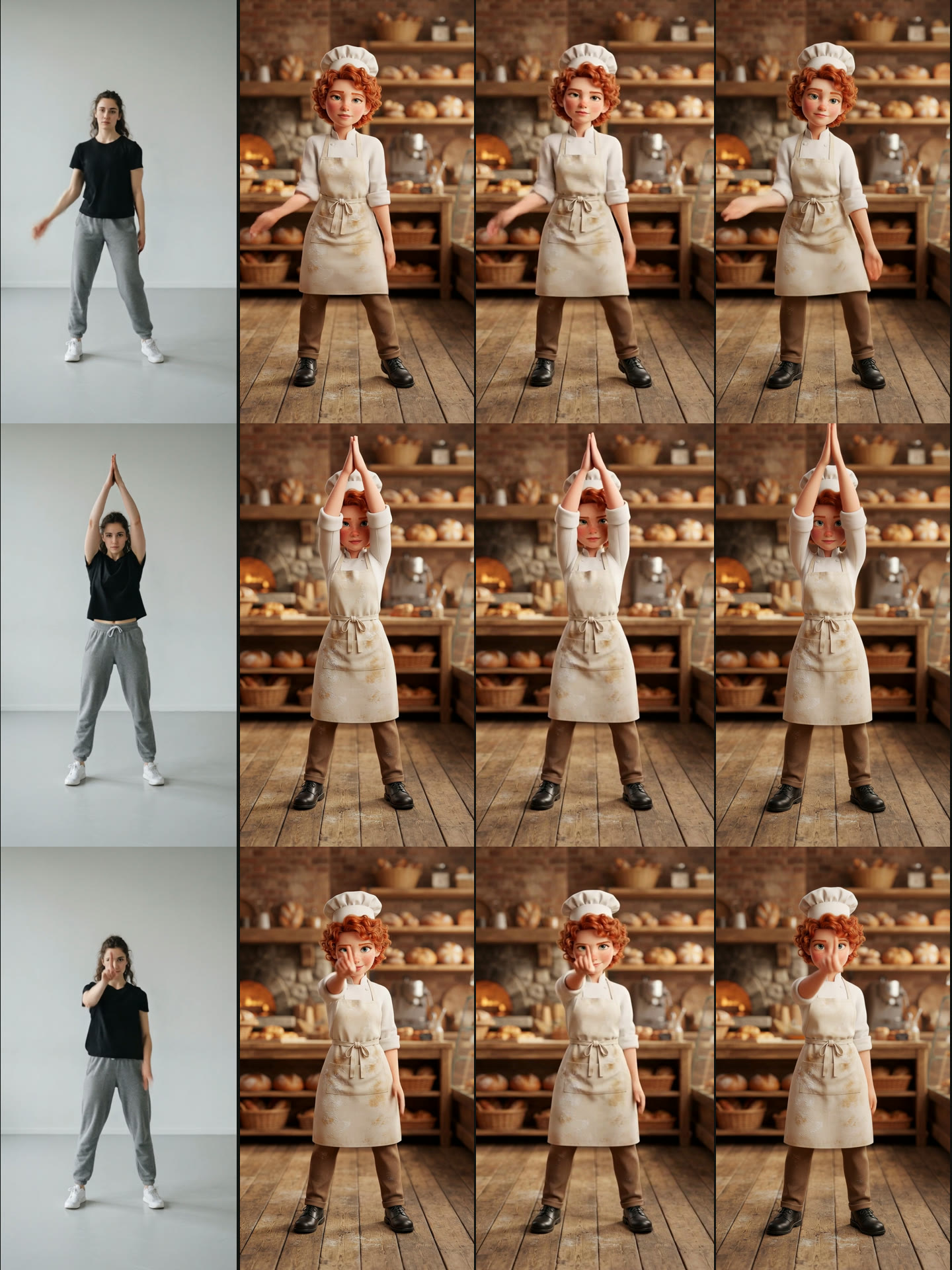 Frames at 2.4, 3.8 and 4.6 seconds. Columns, left to right: driver clip, A (3.0 Pro, video), B (3.0 Standard, video), C (3.0 Pro, image)