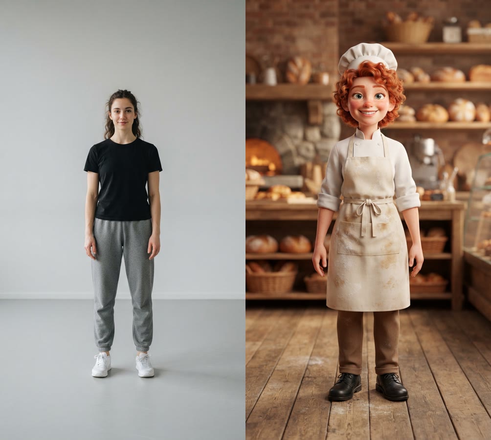 The two stills behind the test: the dancer photo that became the driver clip, and the 3D baker character