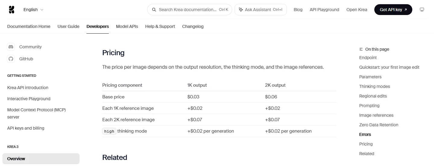 The Krea 3 price table in Krea's API docs on 19 October 2026