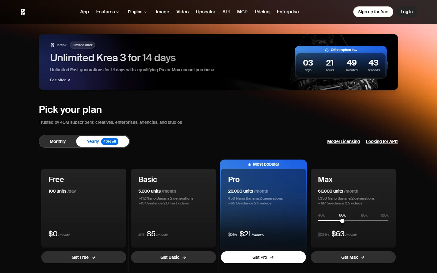 Krea's pricing page on 19 October 2026, with the Unlimited Krea 3 offer