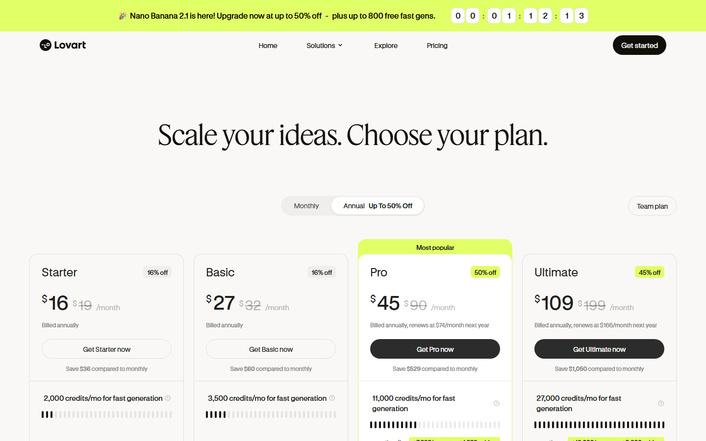 Lovart's pricing page on 17 October 2026, showing Starter, Basic, Pro and Ultimate on annual billing
