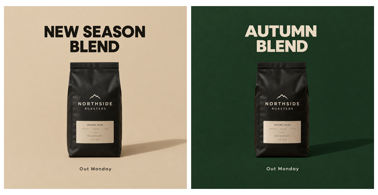 A coffee launch poster from GPT Image 2.5 Flare and the edited version from GPT Image 2.5 Flare Edit, left to right