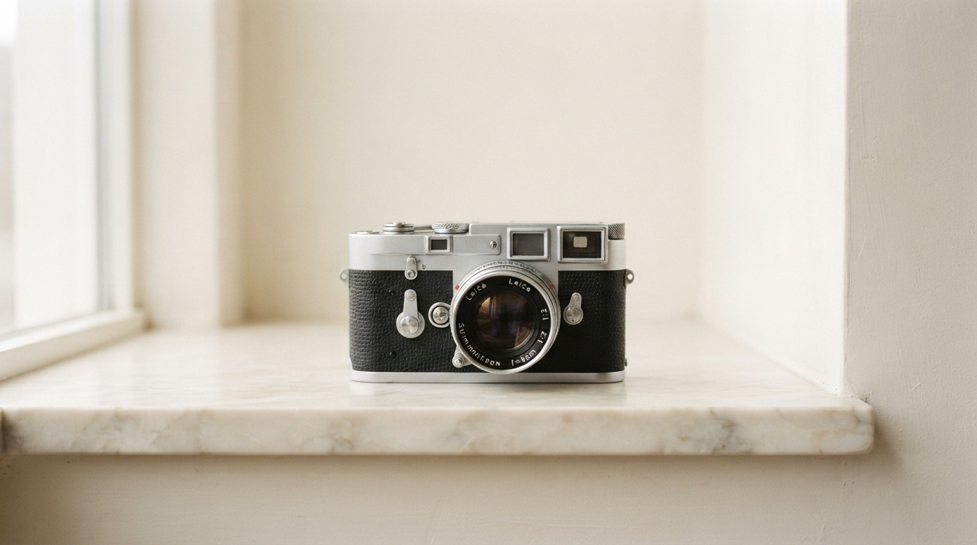 A vintage rangefinder camera on a marble window ledge, standing in for one generated image