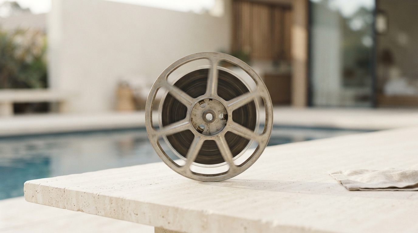 A film reel on a travertine table beside a pool, standing in for seconds of generated video