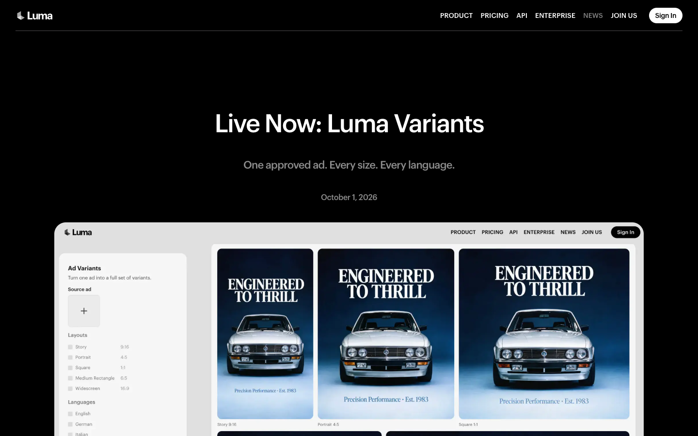 Luma's Variants launch post on 20 October 2026, with one car ad shown as Story, Portrait and Square versions