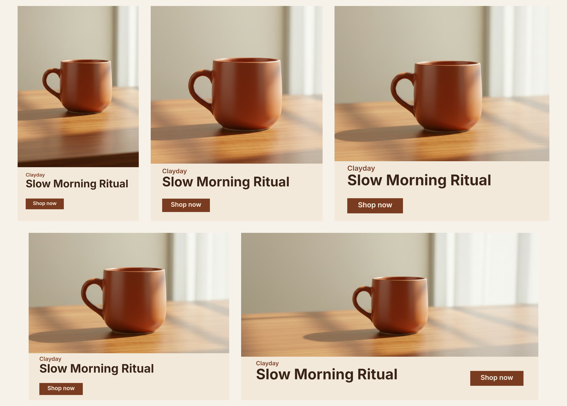 The five Clayday mug ads made from one master: Story, Portrait and Square on top, Medium Rectangle and Widescreen below