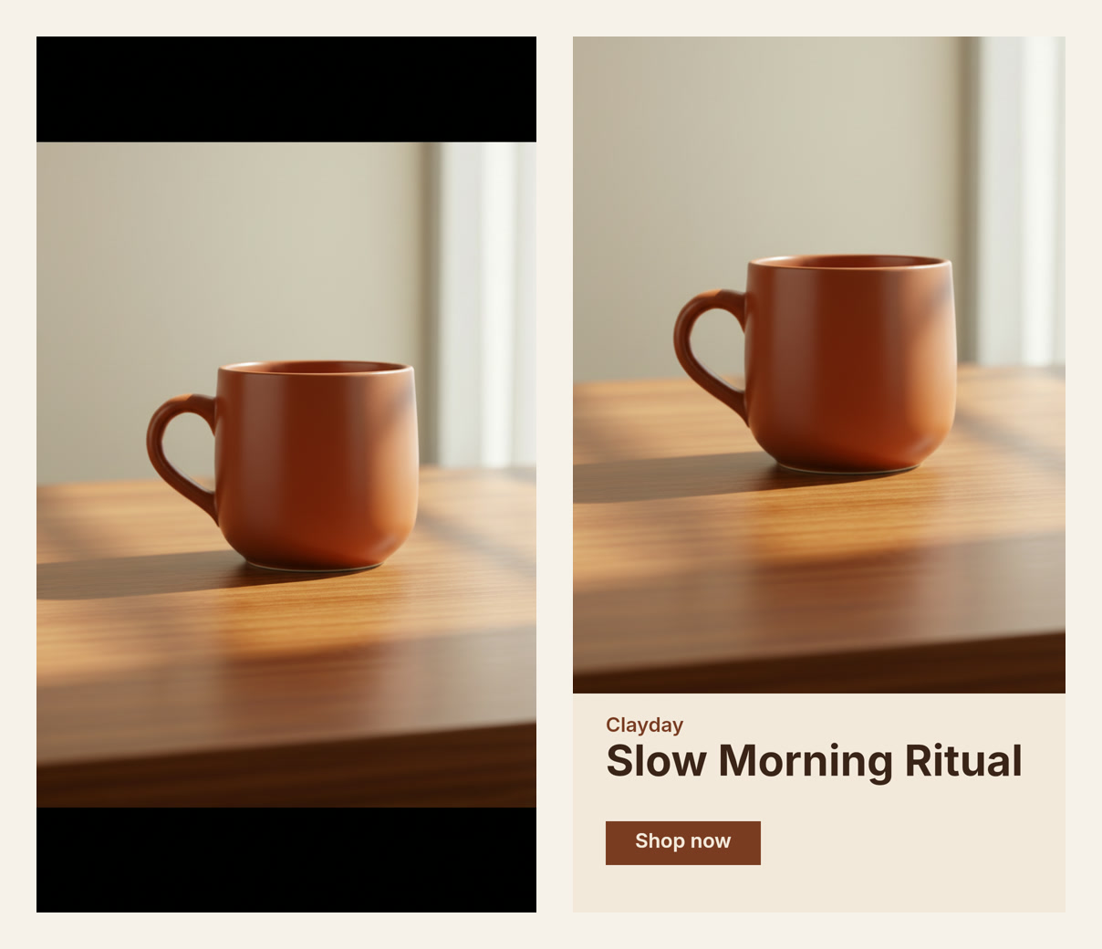 Left: the raw 9:16 picture from Nano Banana with black bars. Right: the finished Story ad after the free Compositor fix