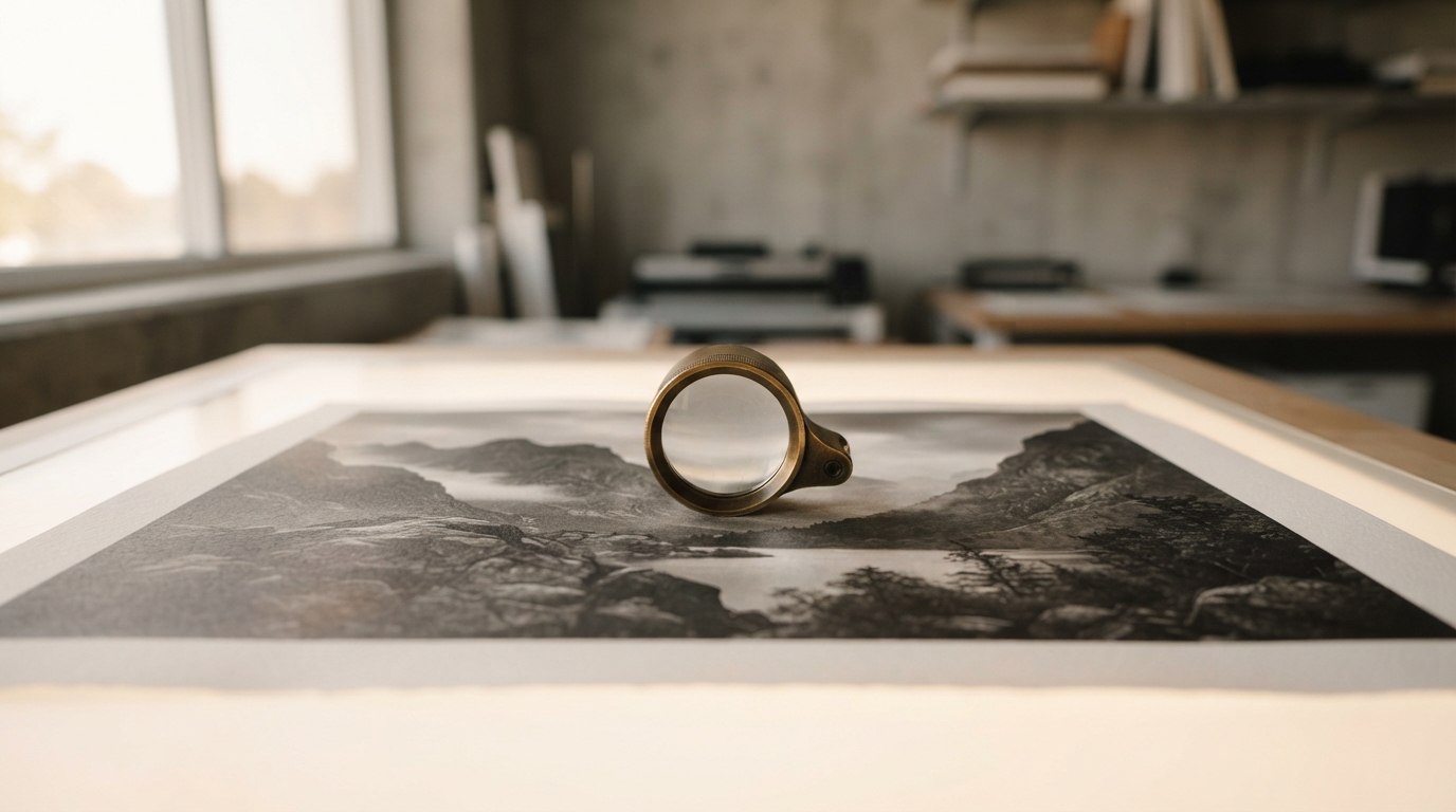 A brass loupe resting on a large landscape print on a light table, standing in for checking upscale detail before paying for a larger output