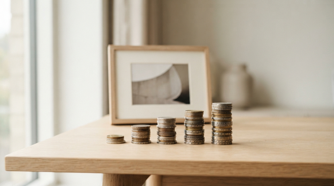 Stacks of coins of rising height on an oak desk beside a small photo print, standing in for the price of each credit tier