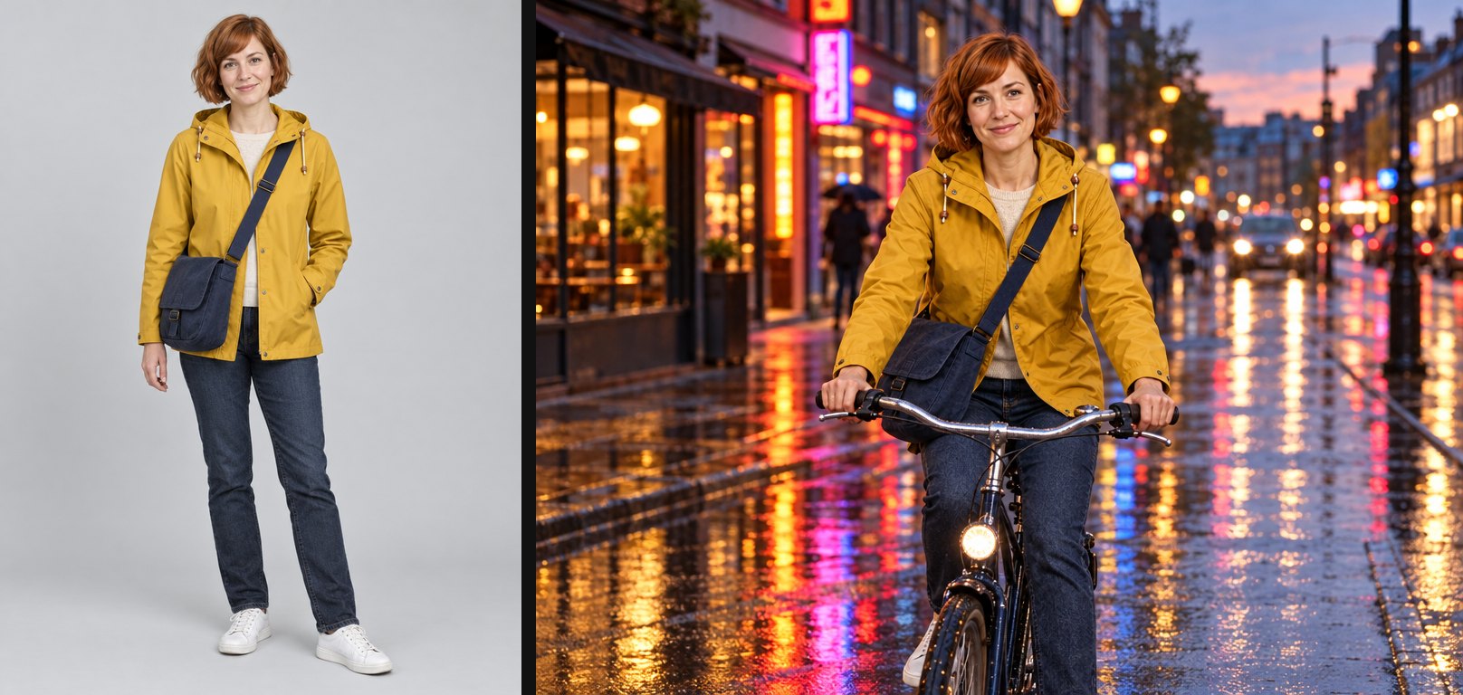 Left: the character from GPT Image 2.5 Flare. Right: the same character on a bicycle in a wet street at dusk from GPT Image 2.5 Flare Edit