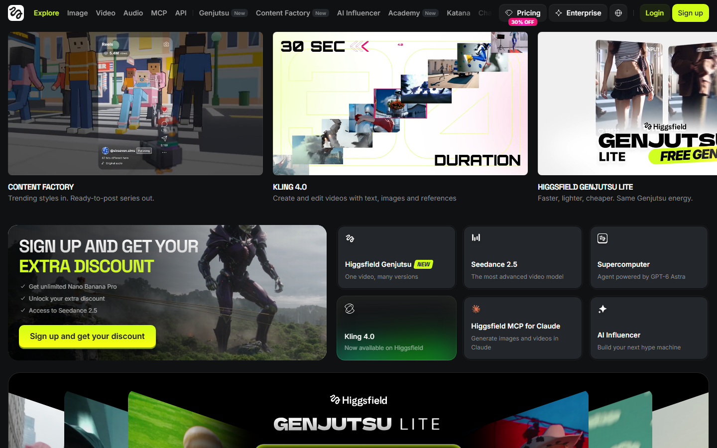 Higgsfield homepage on 24 October 2026 with Content Factory, Kling 4.0 and Genjutsu Lite