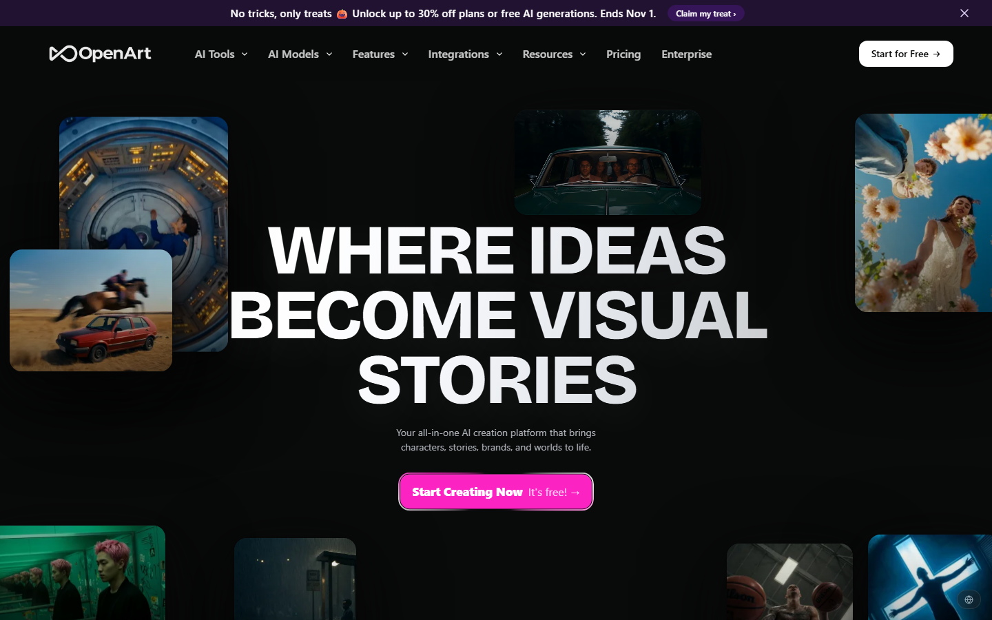 OpenArt homepage on 24 October 2026: Where ideas become visual stories