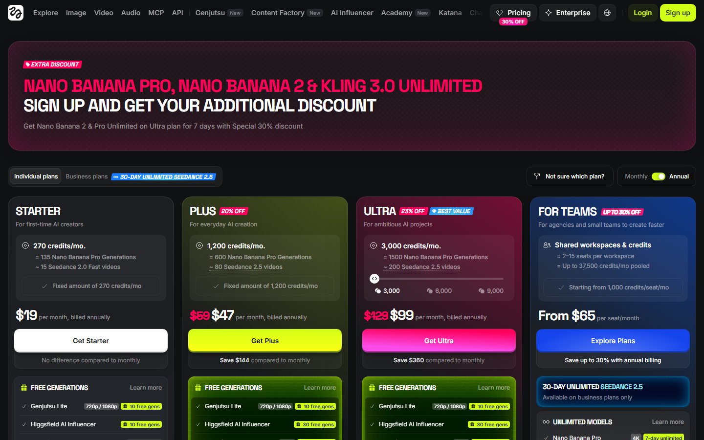Higgsfield pricing page on 24 October 2026 with annual billing selected