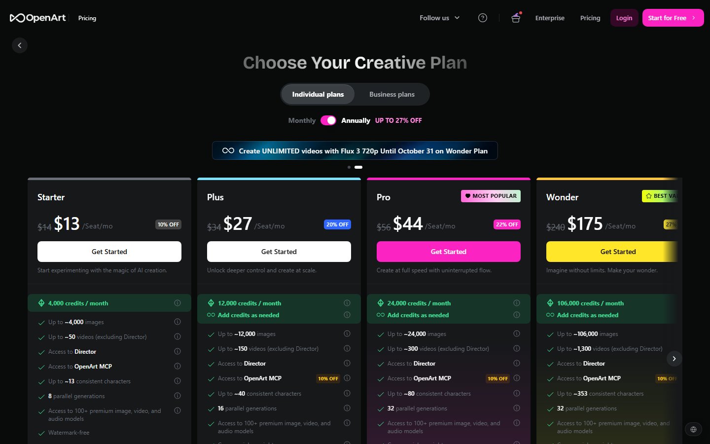 OpenArt pricing page on 24 October 2026 with annual billing selected