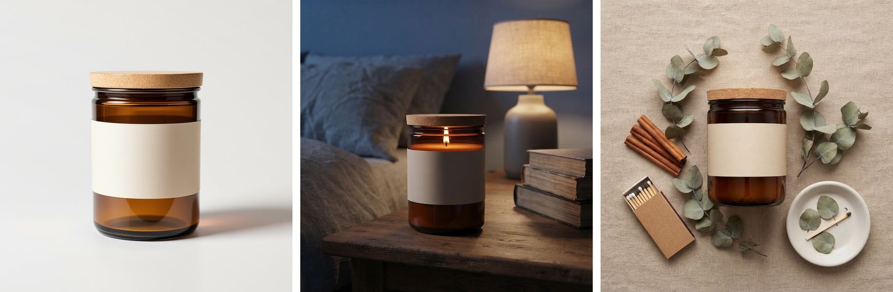 An amber glass candle jar with a cream label on a grey studio backdrop, then the same jar on a bedside table and in a flat lay with eucalyptus