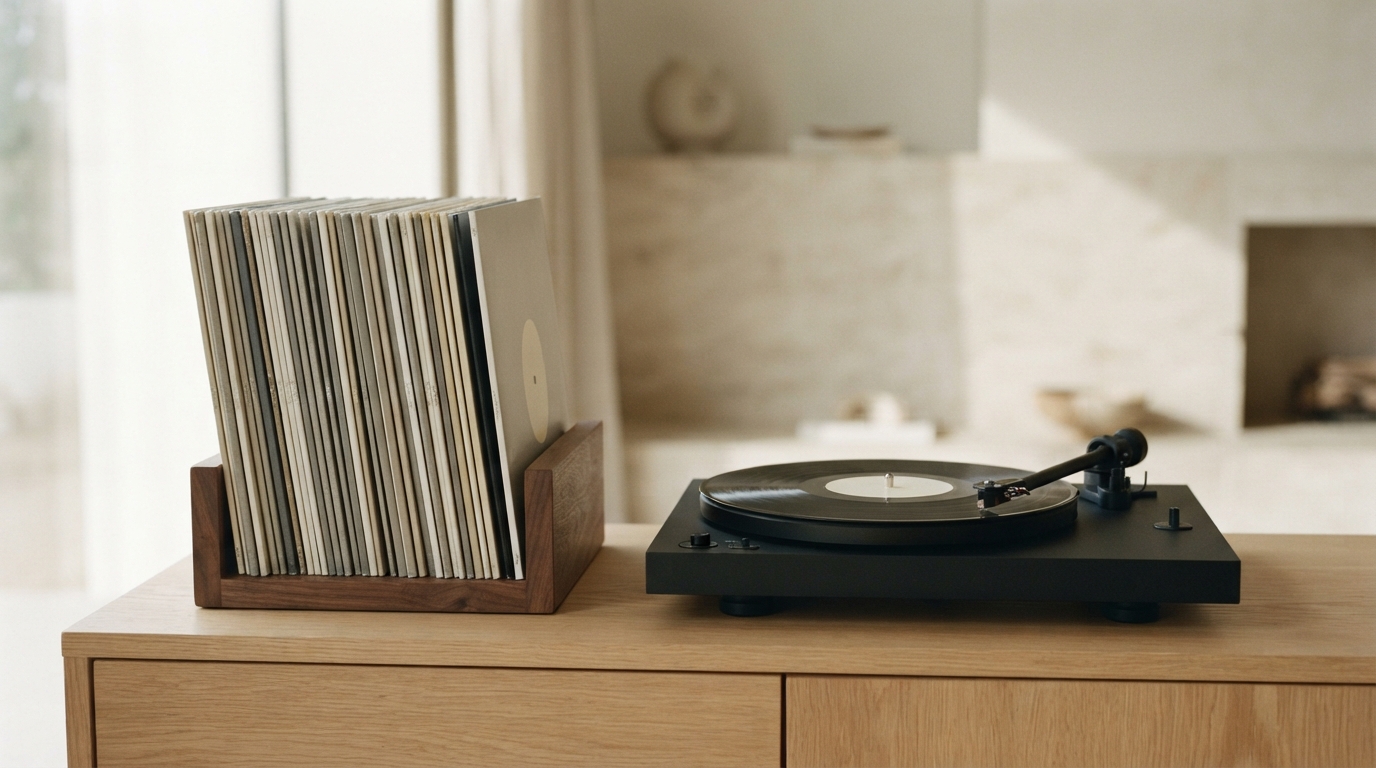 A turntable and a crate of vinyl records on a light wooden sideboard in a calm, sunlit room