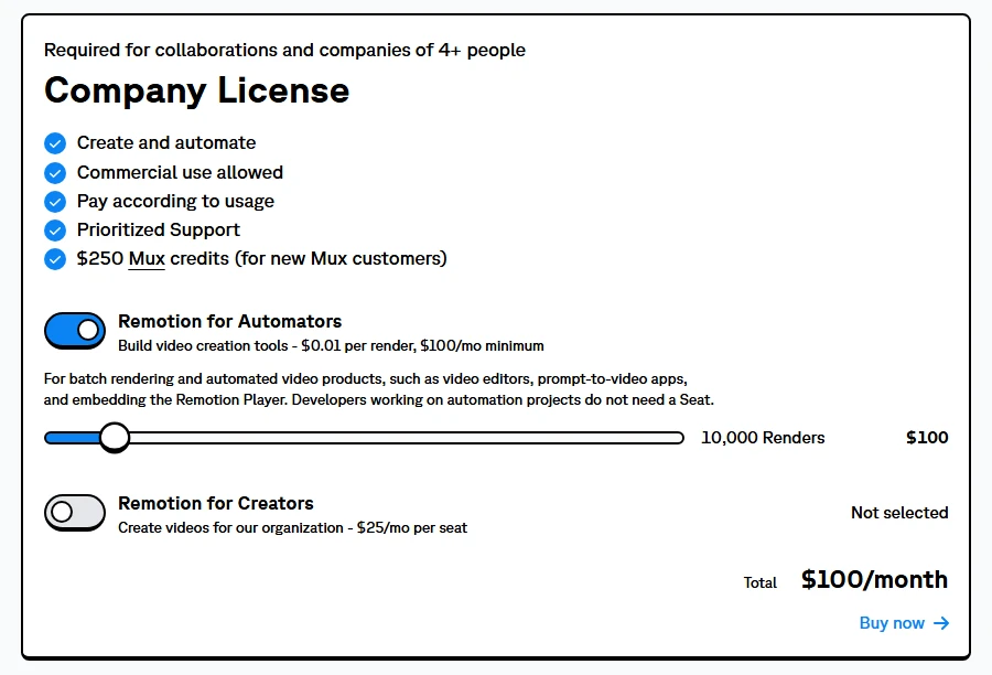 Remotion's Company License card on 21 October 2026, showing $0.01 per render with a $100 monthly minimum for Automators and $25 a month per seat for Creators