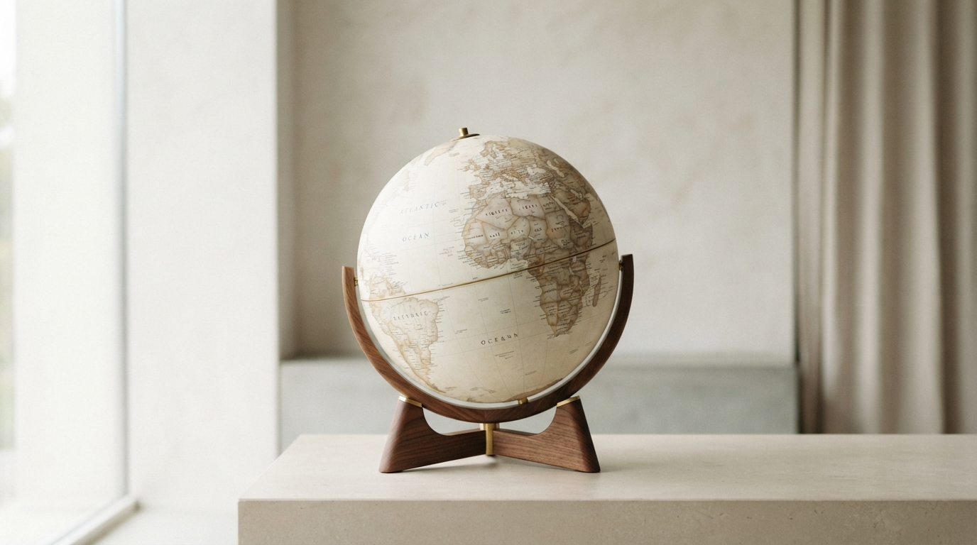 A desk globe on a stone ledge in a bright room, for the many places templates are published
