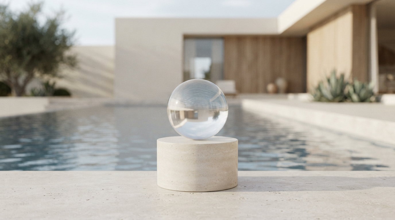 A glass sphere on a stone plinth beside a pool, for previewing a render before paying for it