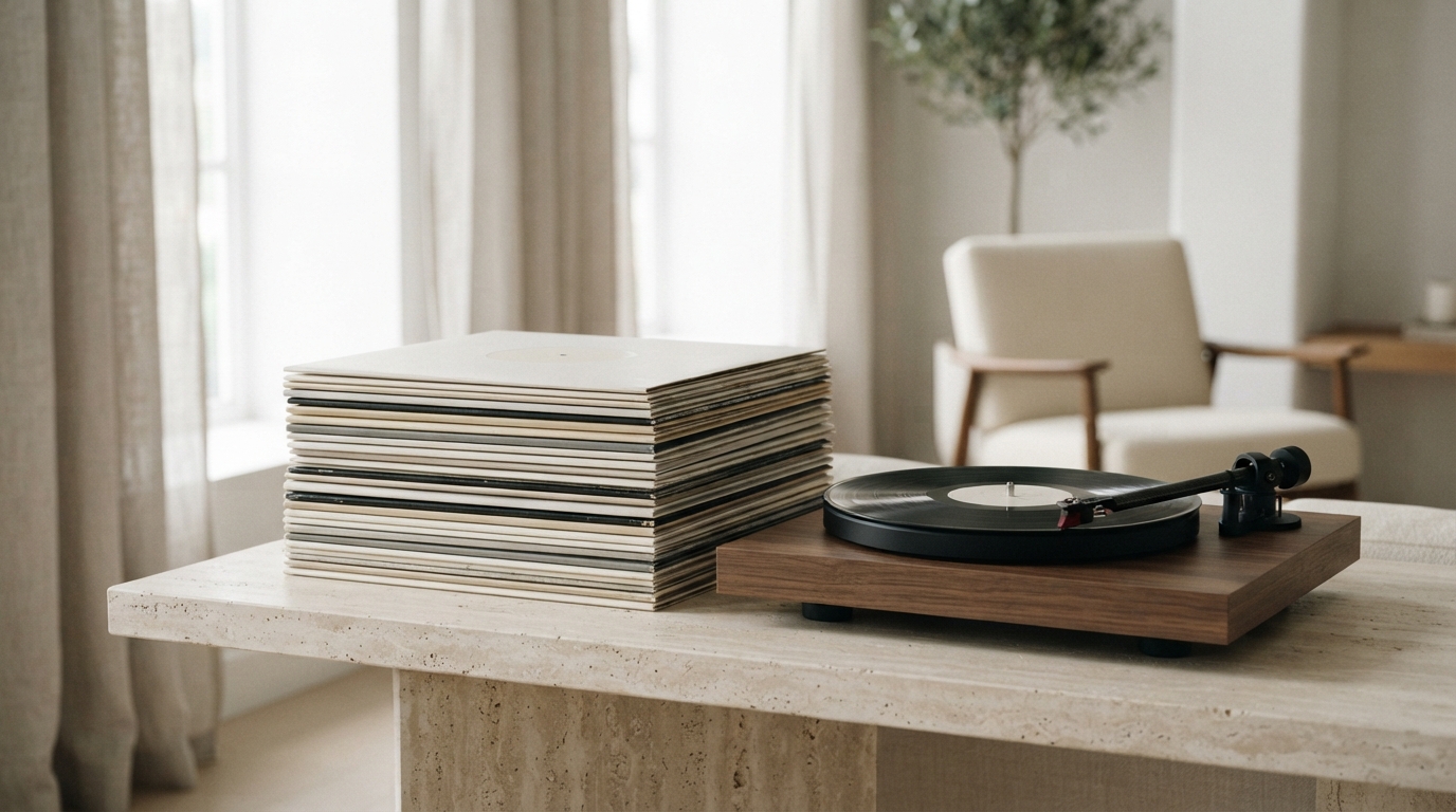 A stack of records beside a turntable, one template reused across many generated clips
